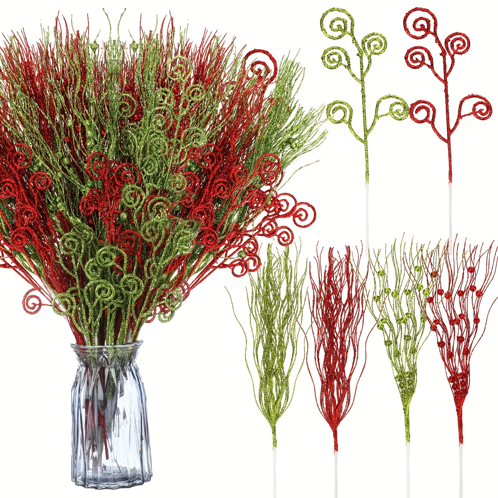TEMU 48pcs (17'' & 12'') Red & Green Artificial Glitter Curly Berry Stems With Candy Picks - Large/small Fake Berry Branches For Christmas Tree,