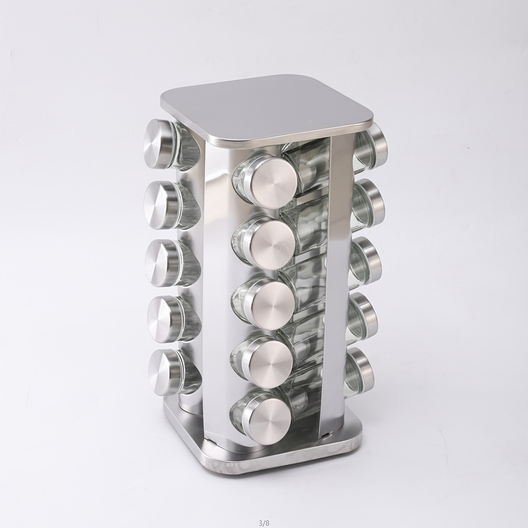 TEMU 1 Set Rotating Spice Rack With Glass Jars And Stainless Steel Lids, Countertop Seasoning Organizer, 8/12/20 Jar Options