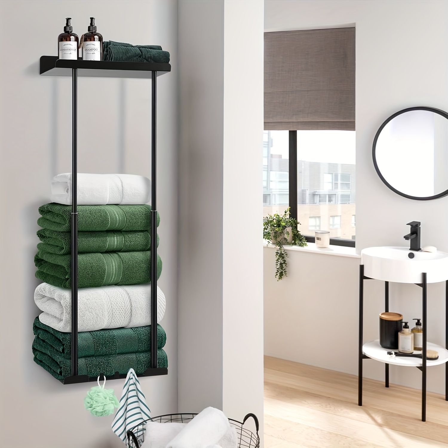 

Sleek Black Metal Towel Rack - Wall-mounted, Adjustable Storage Shelf For Bathroom, Ideal For Roll Or Folded Towels - Perfect Christmas & Halloween Gift, With Stainless Steel , Towel Racks