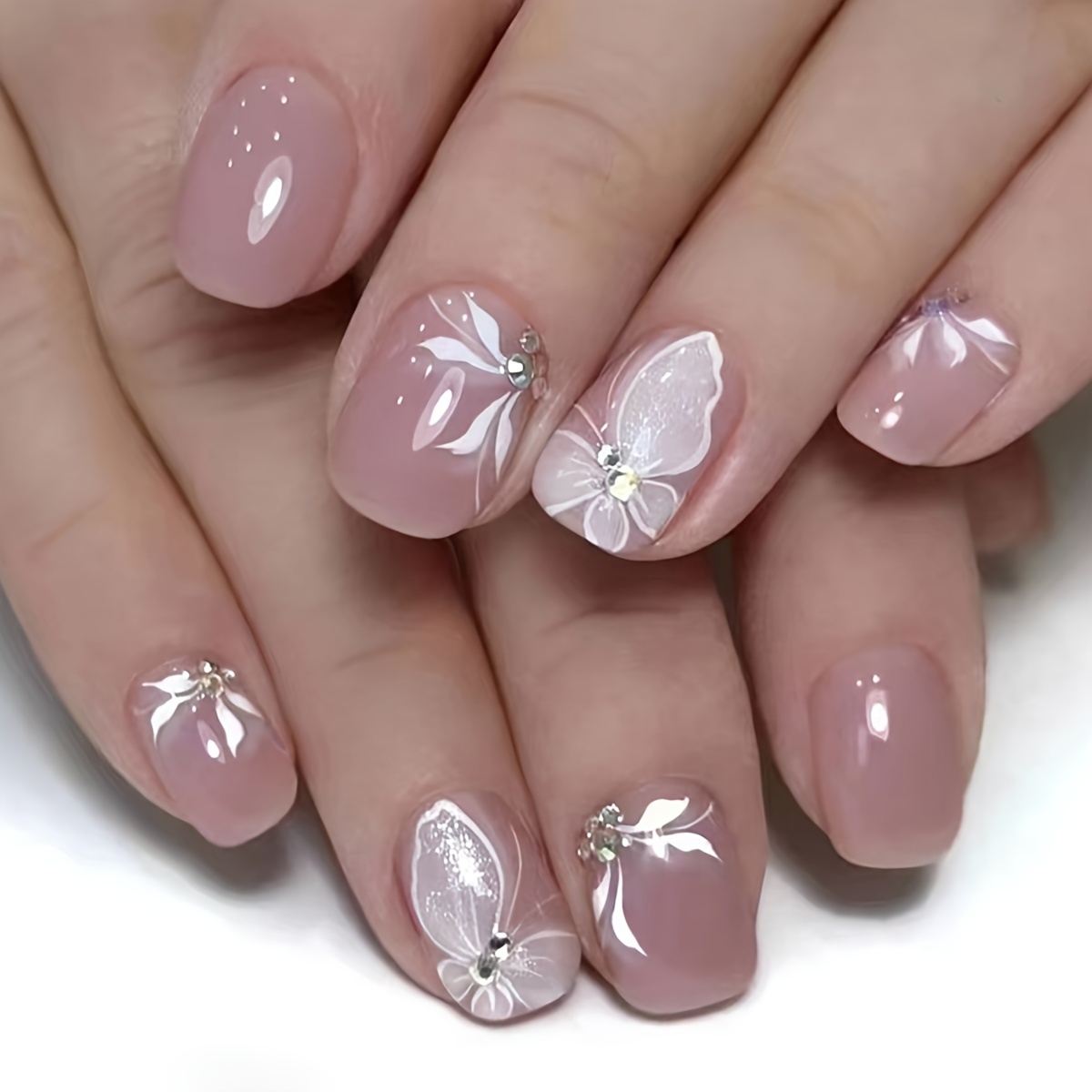 

24pcs Short Oval Flower Style - Decoration Press-type Finger Nails For Women And Girls, , Includes 1 Nail File Double-sided Glue