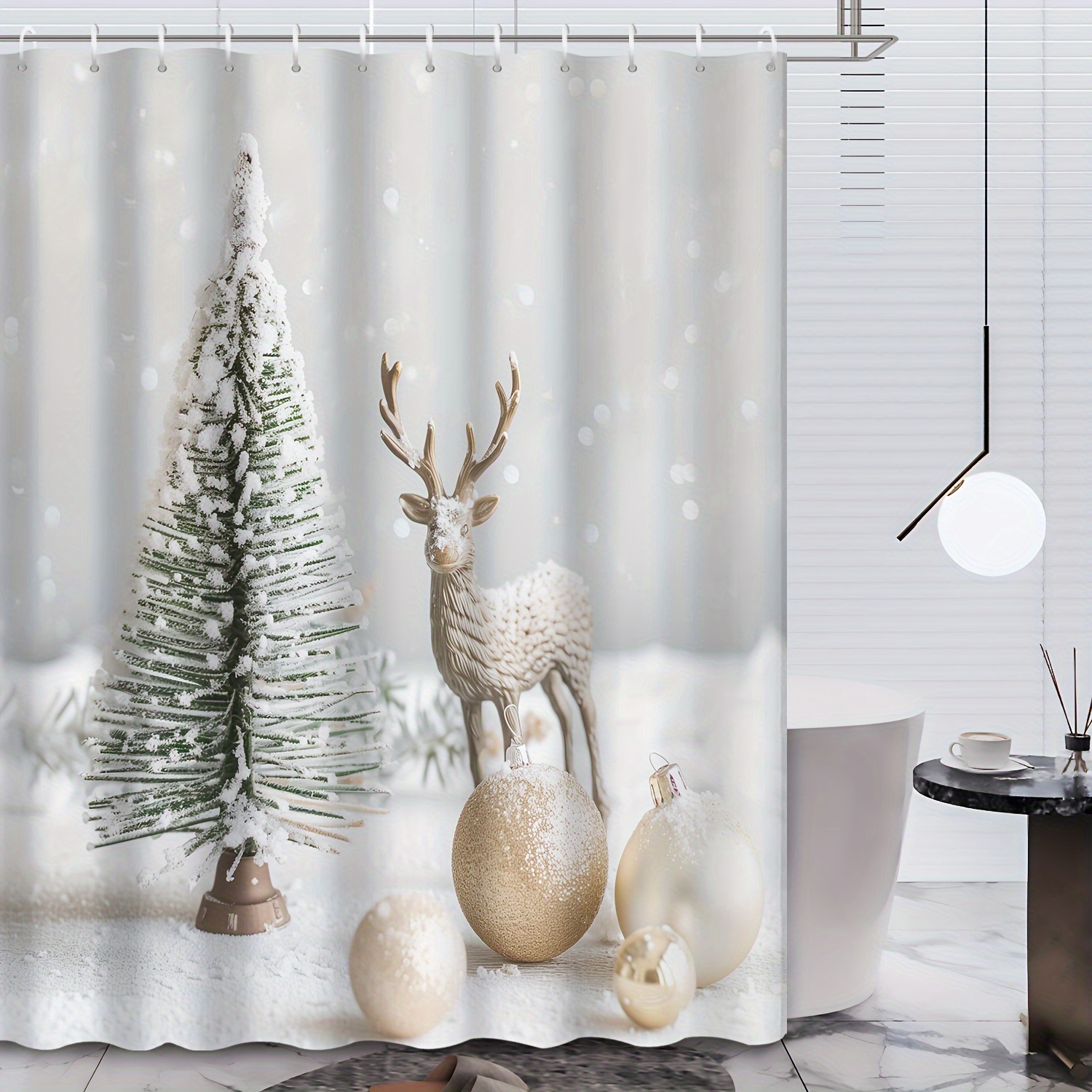 

Festive Christmas Bath Curtain: White Snowy Scene With Christmas Tree, Reindeer, And Ornaments - Includes 12 Hooks, Waterproof, And Made Of Polyester