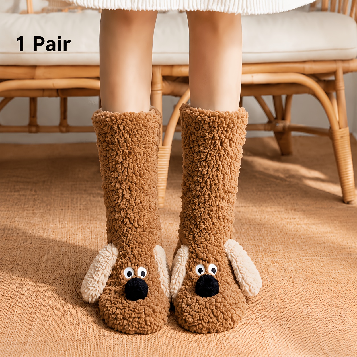 TEMU 1 Pair Cute Dropped Ear Puppy Floor Socks, Cartoon Animal Plush Socks, Warm Comfortable Indoor Winter Casual Sleeping Socks, Suitable For Women