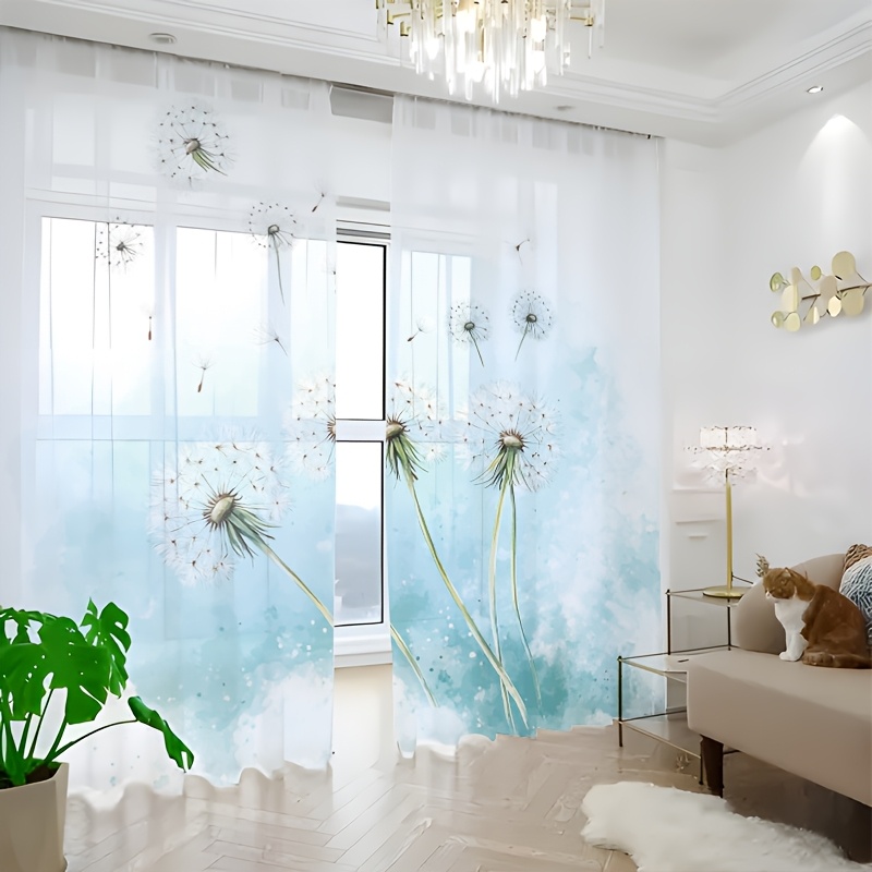 TEMU 2pcs Semi-sheer Window Curtains With Artistic Floral Dandelion Pattern - 100% Polyester Chiffon, Rod Pocket, Machine Washable, Light Filtering &