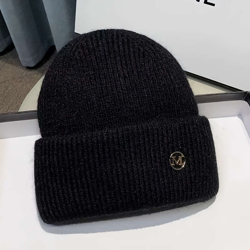 

Knit Beanie With "m" Emblem - Soft, Warm, Stretchy Polyester - Ideal For Gifting, Outdoor & Indoor Use - Black And Golden, Fits All, Knitted Beanie