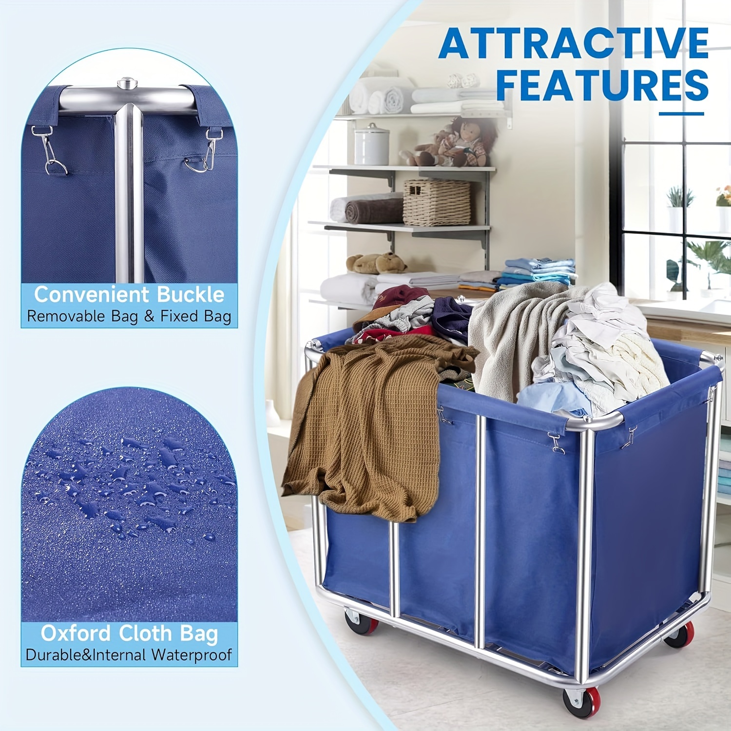 

Laundry Cart With Wheels, 400l Capacity Commercial Laundry Sorter Rolling Laundry Hamper With Removable Oxford Bag And Sturdy , 330 Lbs , Blue