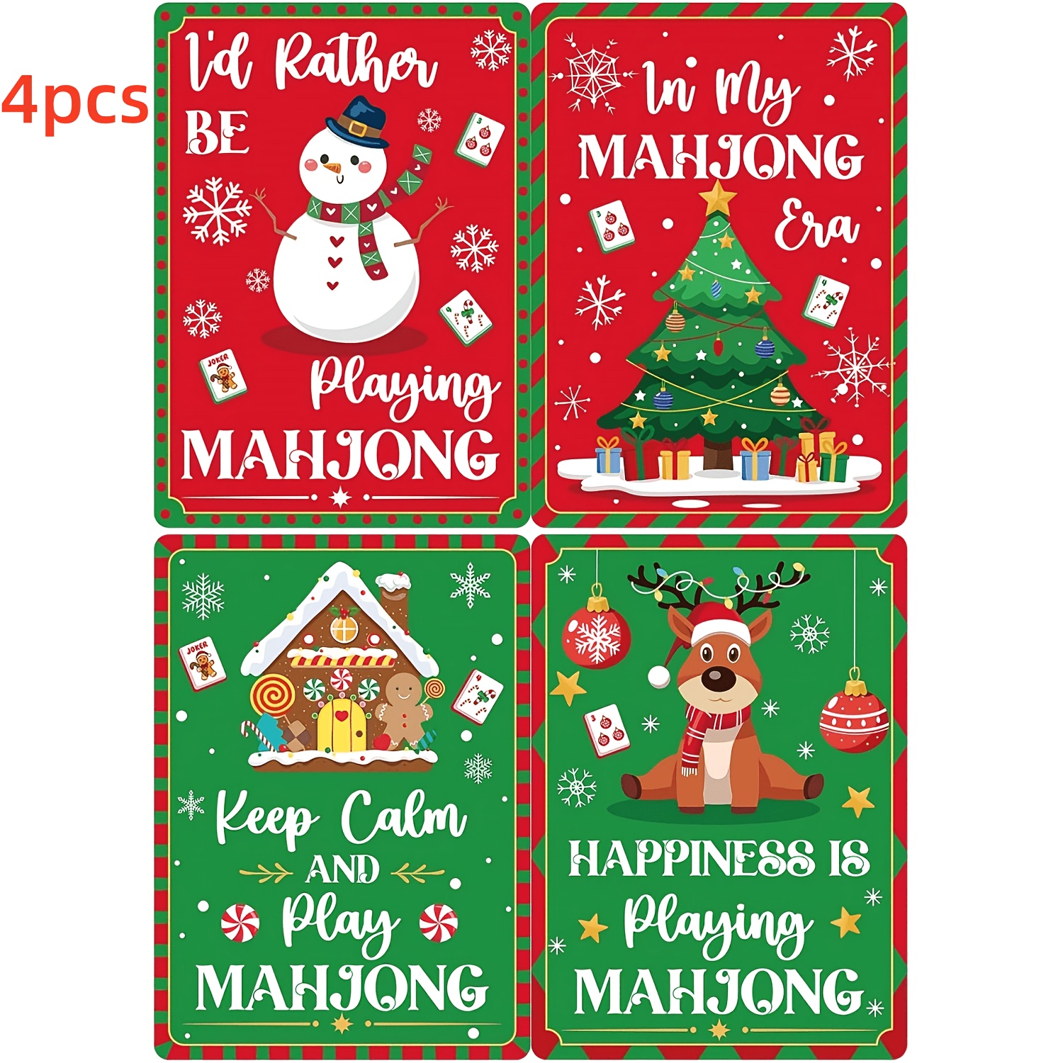 TEMU 4pcs Christmas-themed Mahjong Shuffling Cards, Classic Linear Pattern, Includes 4pcs 7 X 5 Inch Mahjong Shuffling Cards With Shuffling Rules,