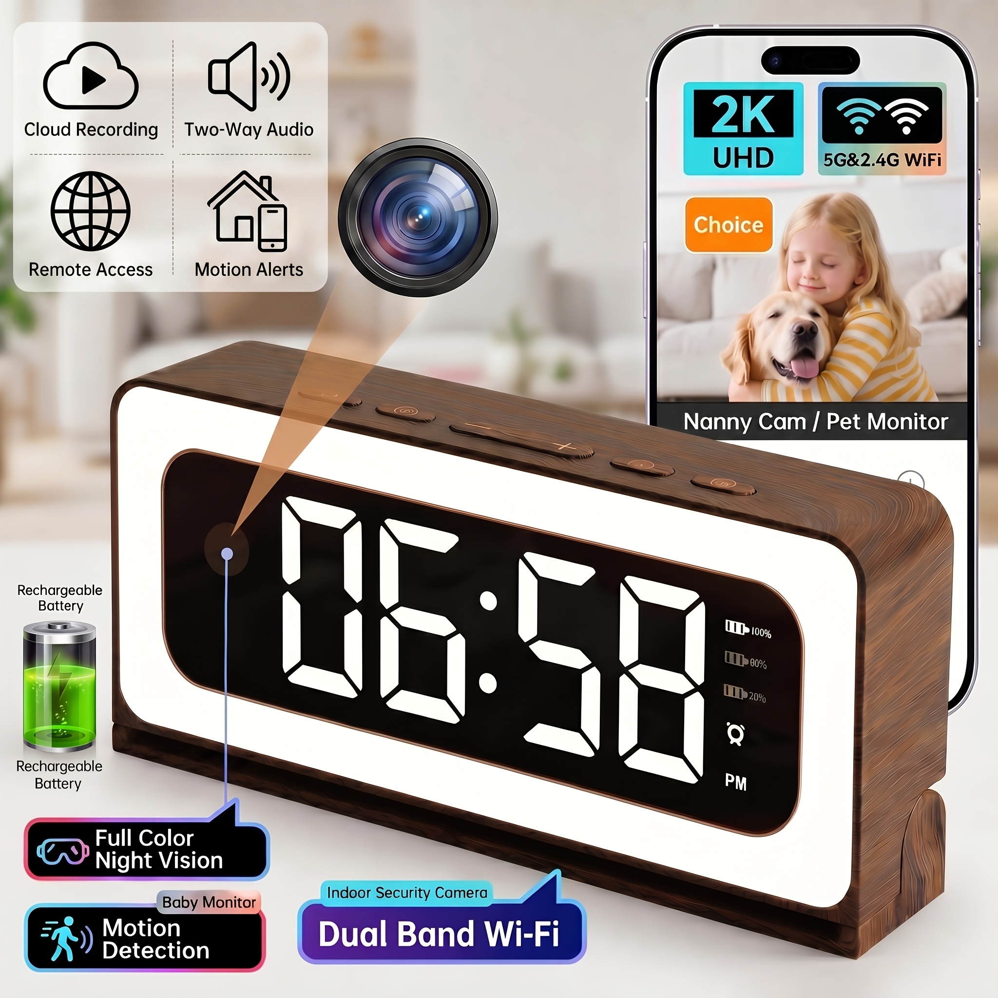 TEMU 2k Smart Indoor Clock Camera, Nanny Cam, Indoor Security Camera For Home, 5g & 2.4g Wifi, Night Vision, Motion Detection Alerts, Alarm Siren,