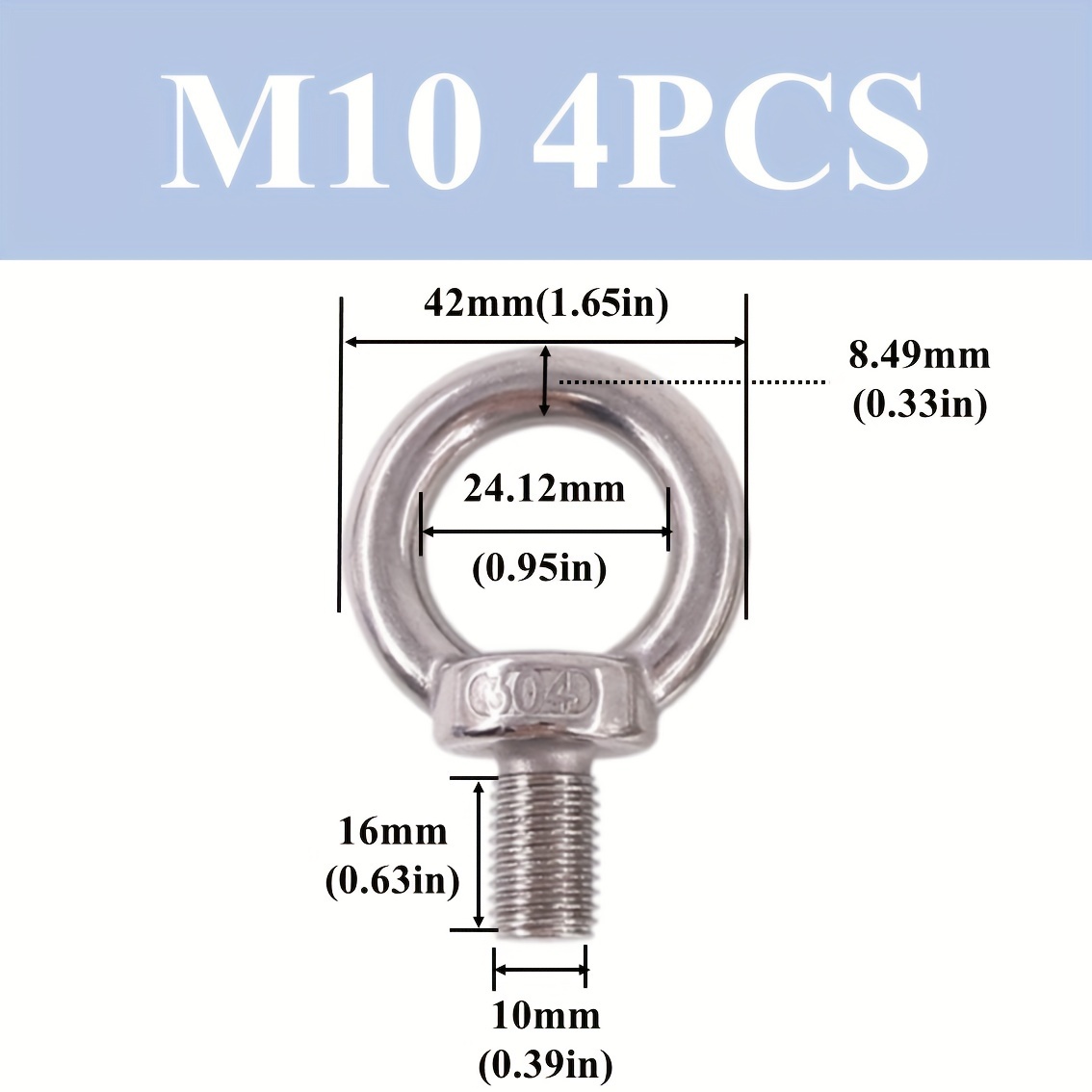 Stainless Steel 304 Eye Bolt - Size M10 To M100, Silver Finish