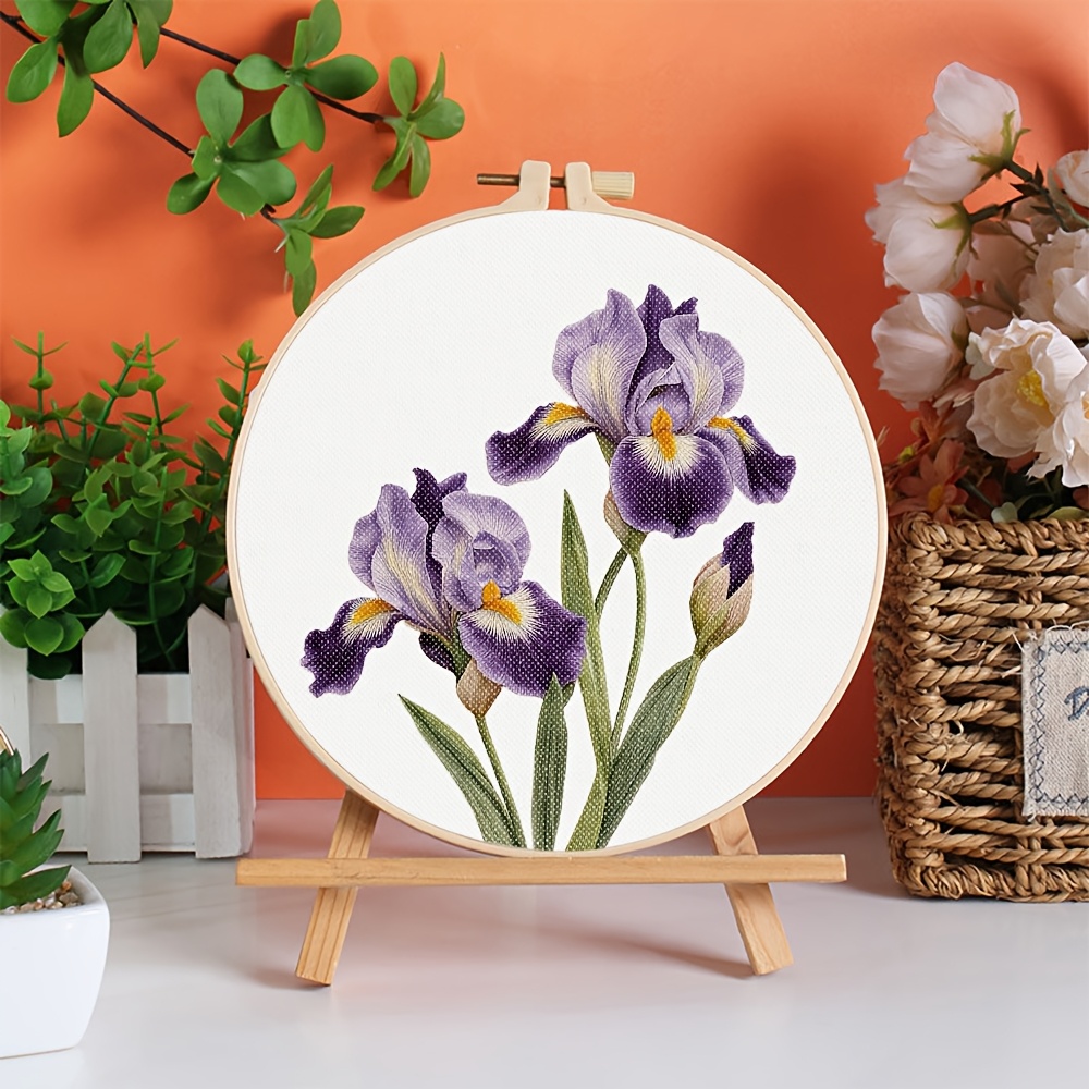 TEMU Suitable For Adult Beginners' Handcraft Embroidery Starter Kit, Hobby . Romantic Iris Print, Brightening . As Living Room, Bedroom Decoration,