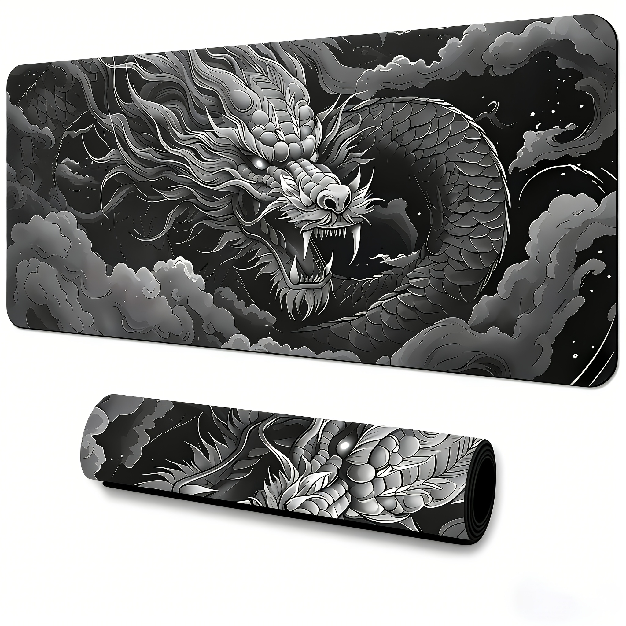 E-shop Extra großes Gaming-Mauspad mit Drachen-Design - Waschbar, Gummibasis, präzise genähte Kanten - Monochromes Drachenkopf- und Wolken-Motiv für