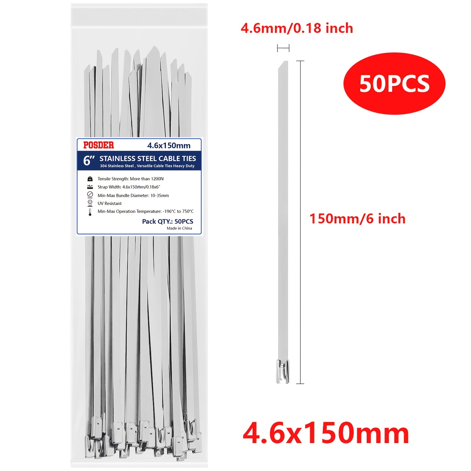 TEMU 50pcs 304 Stainless Steel Cable Ties, Self-locking Metal Zip Ties For Wire & Pipe Fastening, Heavy Duty Industrial Cable Management Straps