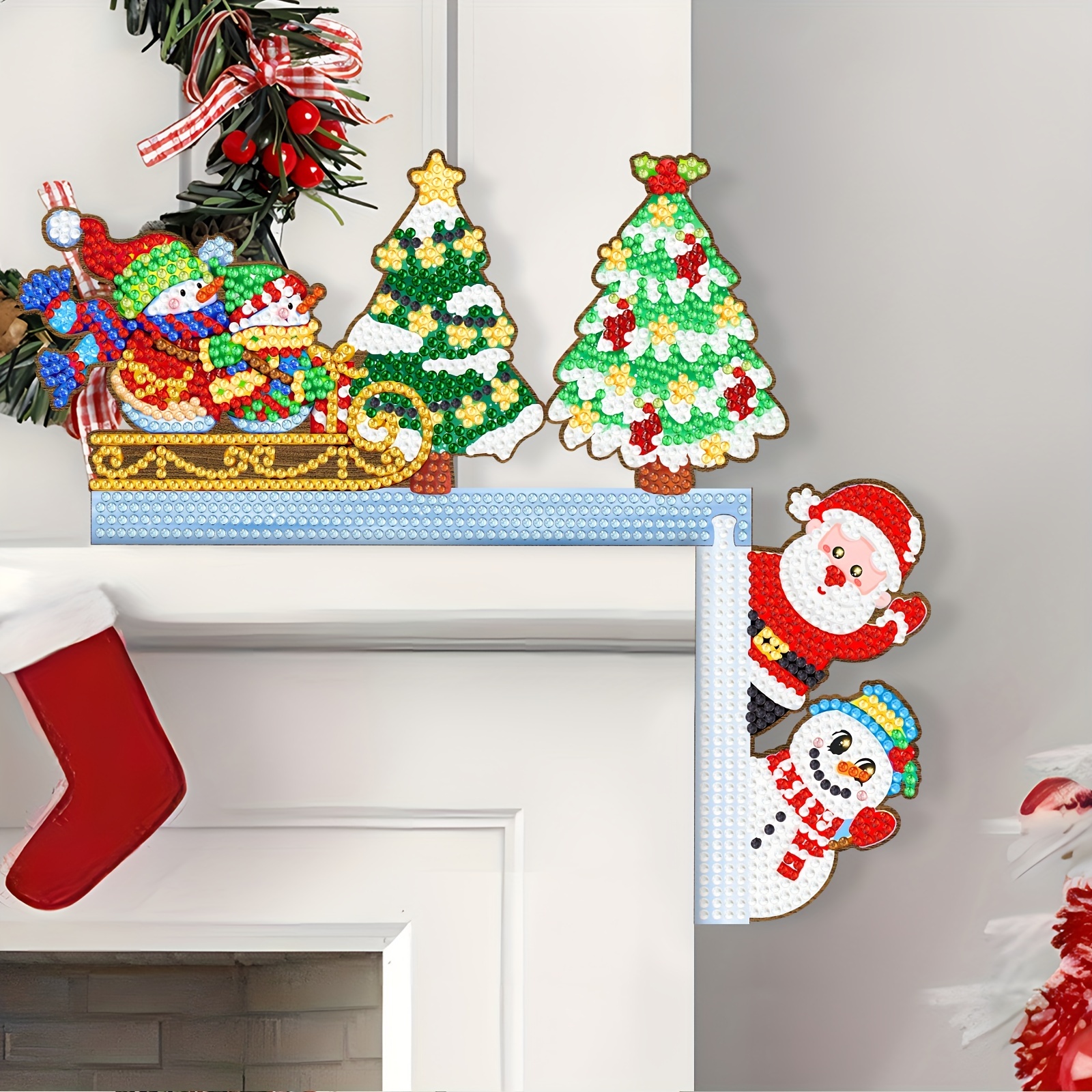 

Diy Diamond Painting Kit - Cute Cartoon Santa & Snowman Wooden Door Sign | Christmas Craft Decoration For Home, Living Room, Bedroom