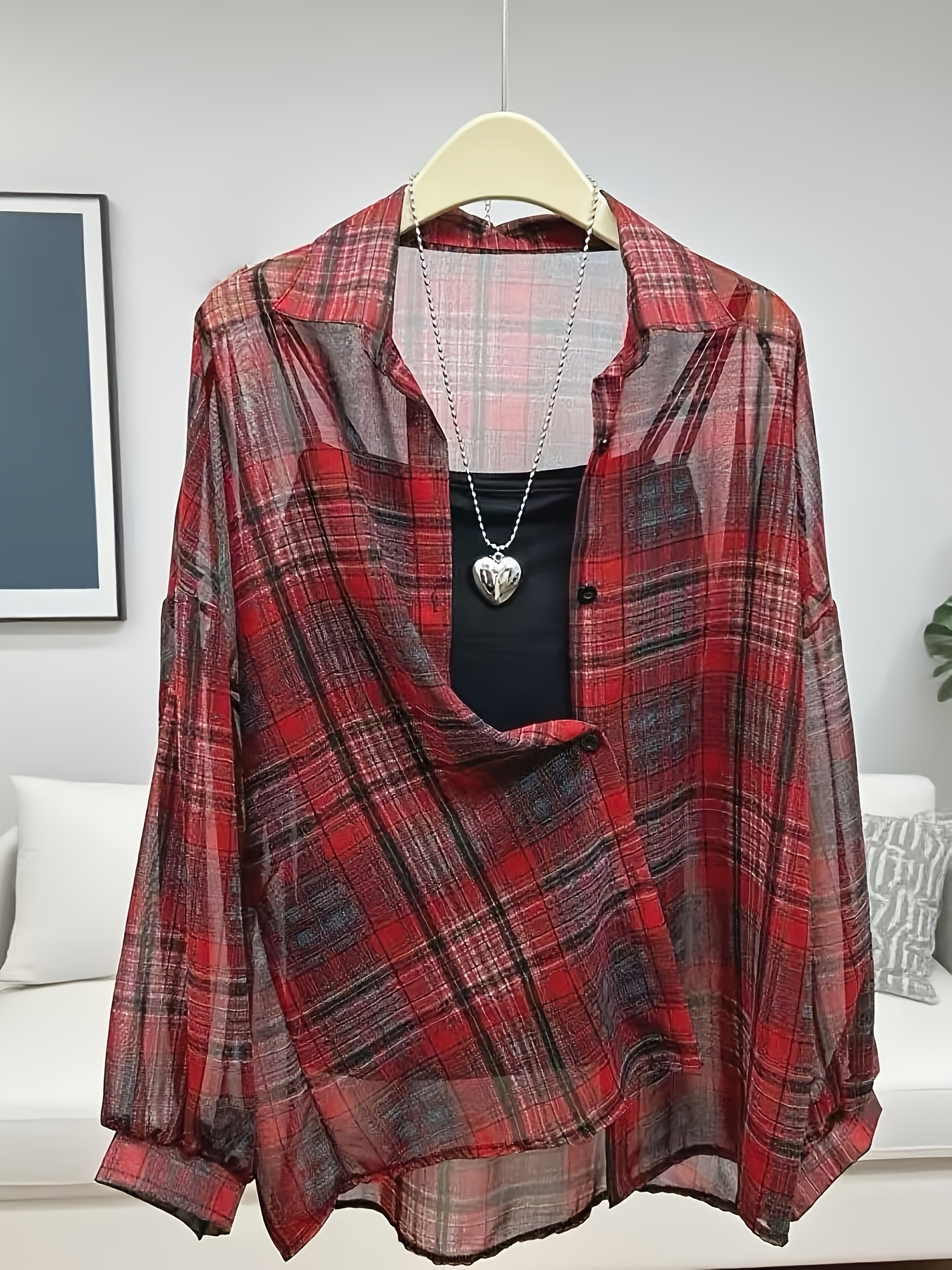 womens spring summer red and black plaid shirt loose fit button front chiffon sheer cardigan fashion elegant versatile vacation ac office sunscreen cover up korean style breathable   jacket