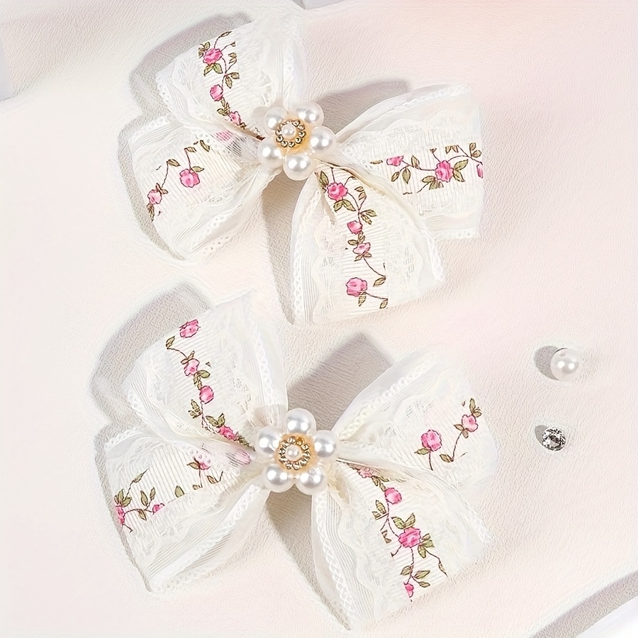Image of 2pcs Elegant Lace Bow Hair Clips For Bohemian Style Flower Bow Hair Clips White Lace Bow Hairpins Boutique Hair Additions For Vacation Dressing