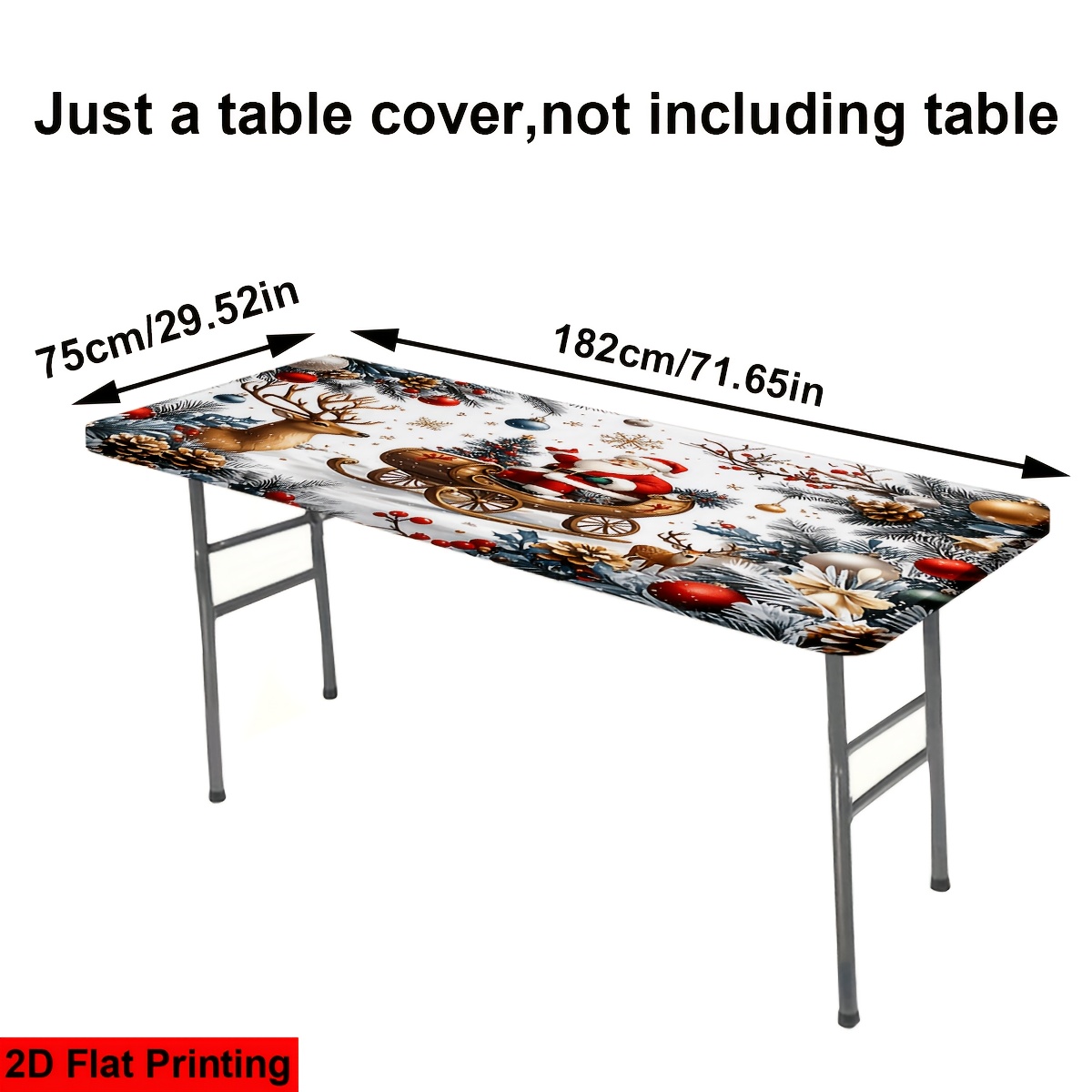 TEMU 1pc 4/ 6ft Santa Claus Sleigh Reindeer Pattern Printed Elastic Tablecloth, Mantel.nappe.tischdecke.washable Outdoor Table Cover With Elastic