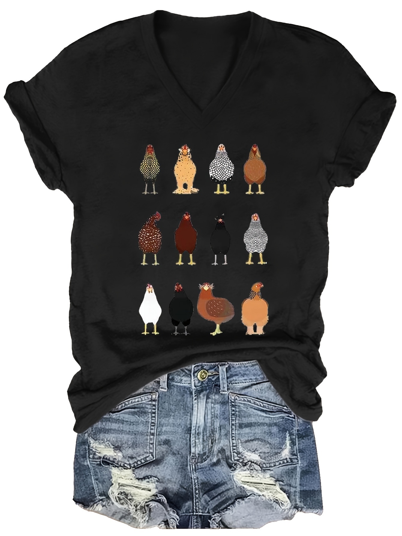 Retro Chicken Print Casual V-neck Denim Loose Shirt main image 0