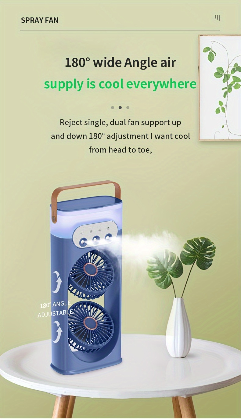 portable usb dual fan with humidifying misting feature painted plastic table fan for indoor and outdoor cooling   operation with button control multi component accessory no battery required details 13