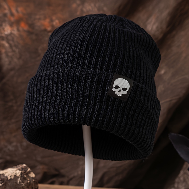 Skull Logo Beanie, High Elasticity Knitted Hat For Autumn And Winter, Outdoor Casual Sports Windproof Ear Protection Warm Hat