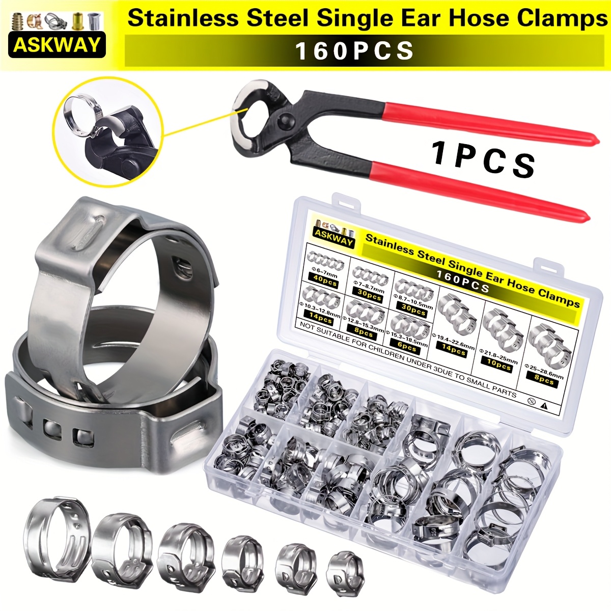 

161pcs Askway Stainless Steel Single Ear Hose Clamp Set, 304 Metal Pex Pipe Fitting Clamp Rings With Crimping Tool For Connection