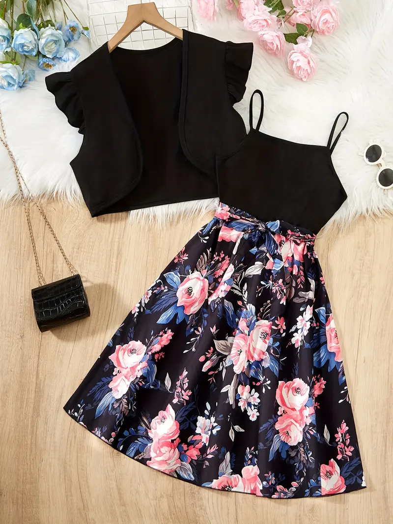 Chic Design Floral Knit Cardigan and Skirt Set Chic Design Floral Knit Cardigan and Skirt Set