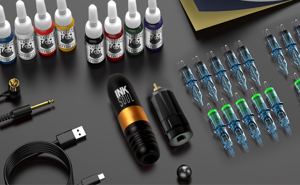 1 set of   tattoo machine complete set with 2 wireless power   1500mah replaceable at     with 20 tattoo needles wireless tattoo pens tattoo ink and tattoo practice tools suitable for everyones complete tattoo set details 1