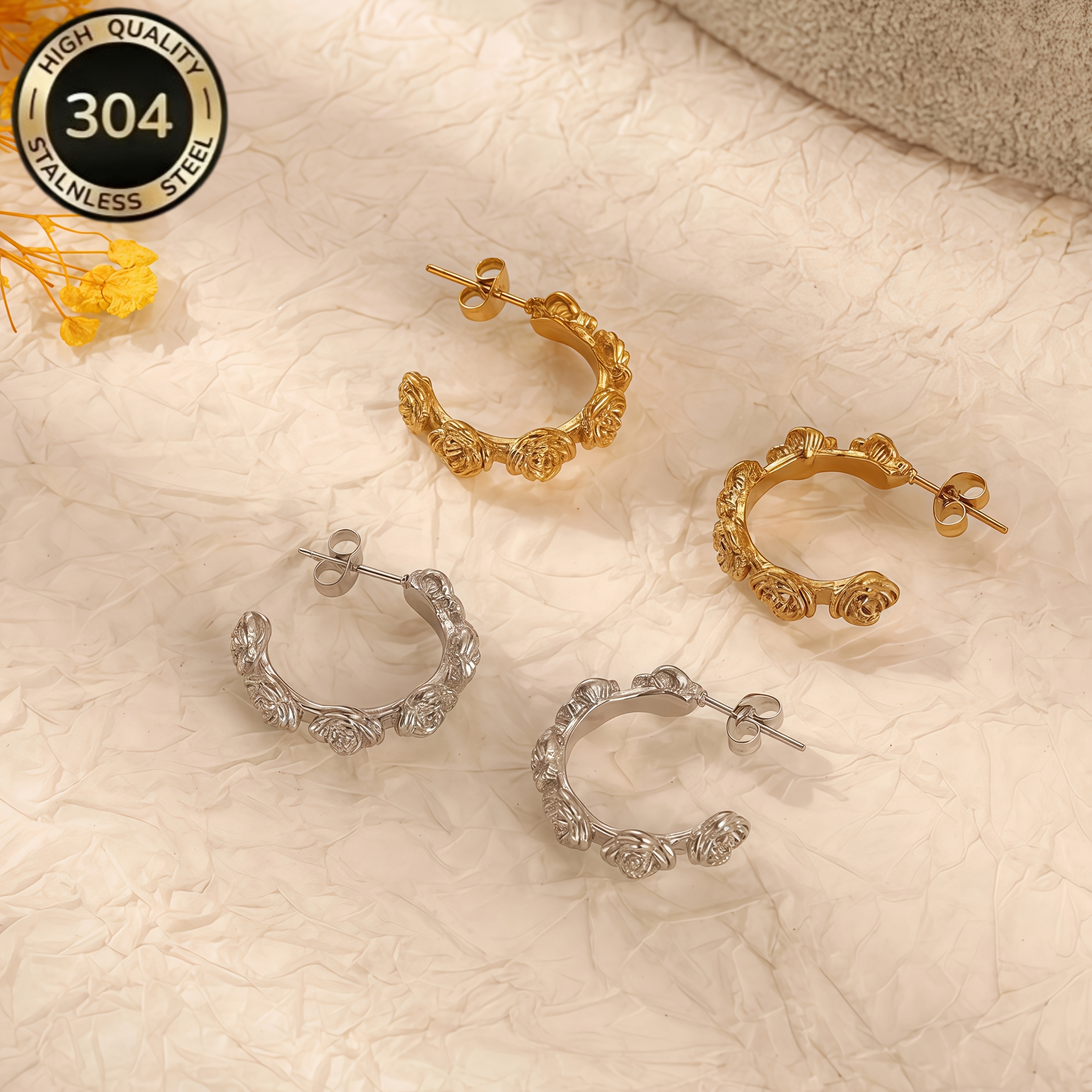 Women's 18K Gold Plated 3D Rose Wreath Hoop Earrings