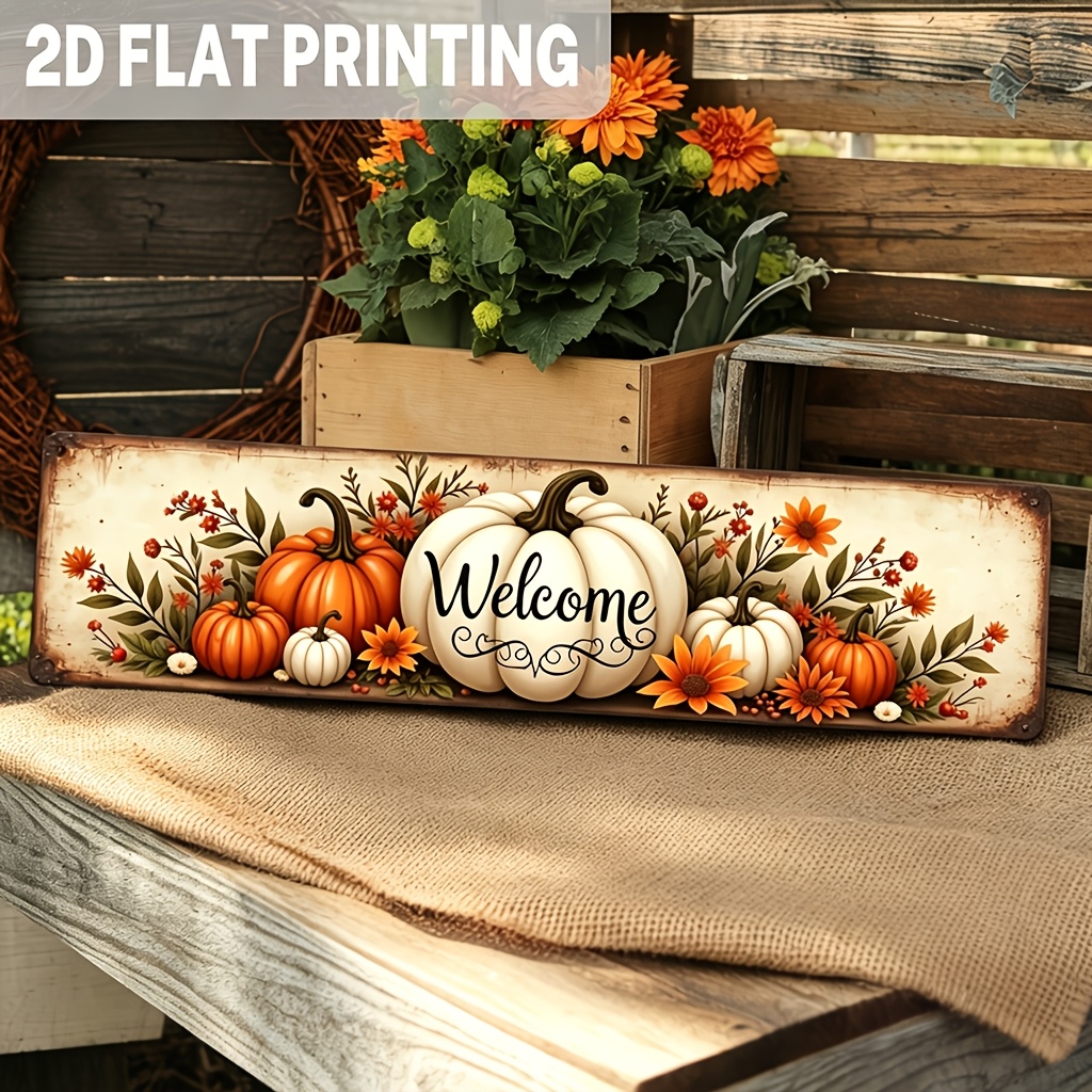 TEMU 2d Flat, 1pc, Rustic Welcome Metal Sign, Fall Pumpkin Pattern Wall Hanging For Halloween, Thanksgiving, Entryway, Living Room, Decorative Sign,