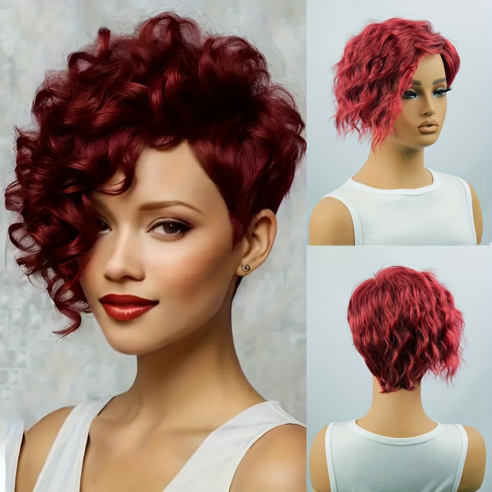 Image of Women's Short Red Curly Bob Wig With Side Bangs - Cut Hair System, High-temperature Synthetic Fiber For Durability, -looking Volume & Color Stability, Cap For Parties, Festivals, Casual Attire ()