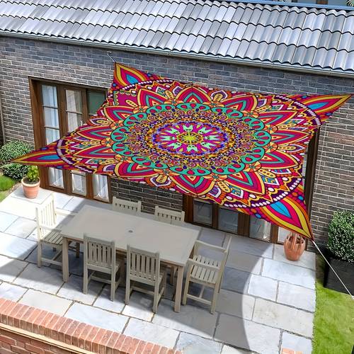 printed outdoor sunshade canopy courtyard sunshade sail featuring a vintage european mandala pattern that resists fading made from durable polyester fabric it with four fixing ropes is washable and is suitable for outdoor use gardens camping and with a weight of 150gsm