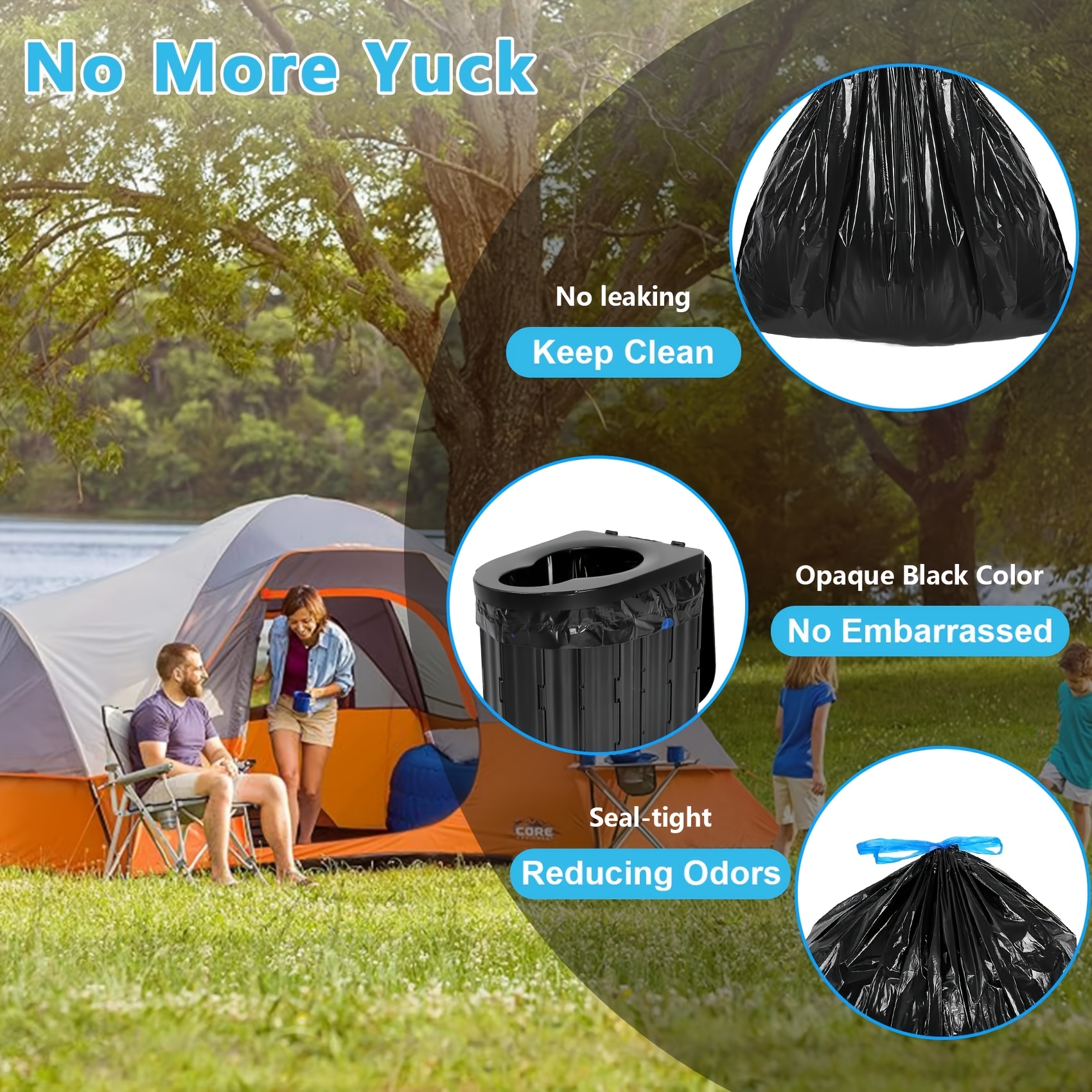 Portable toilet bag in use at campsite