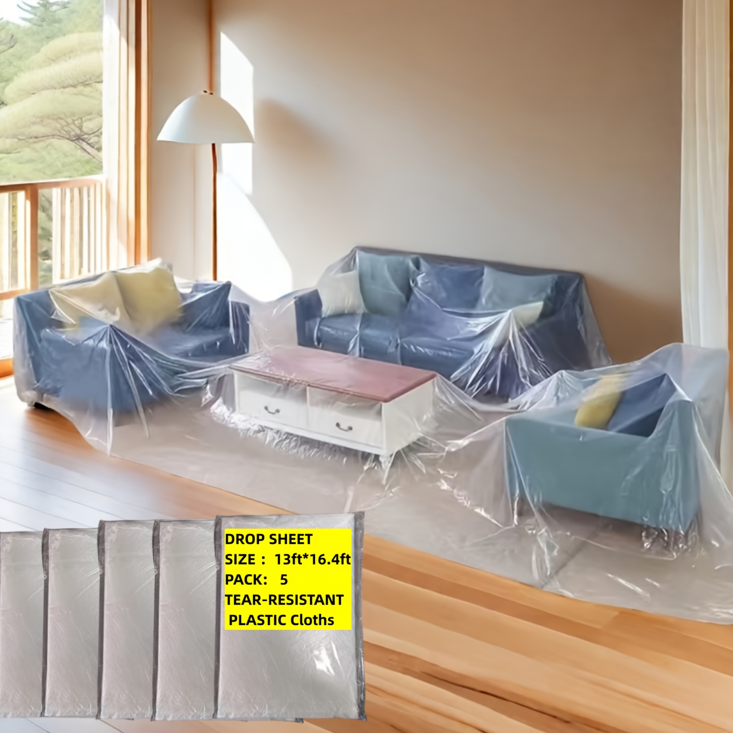 12x9 Ft Plastic Drop Cloths 6-Pack - 0.5Mil Waterproof Painting Protection