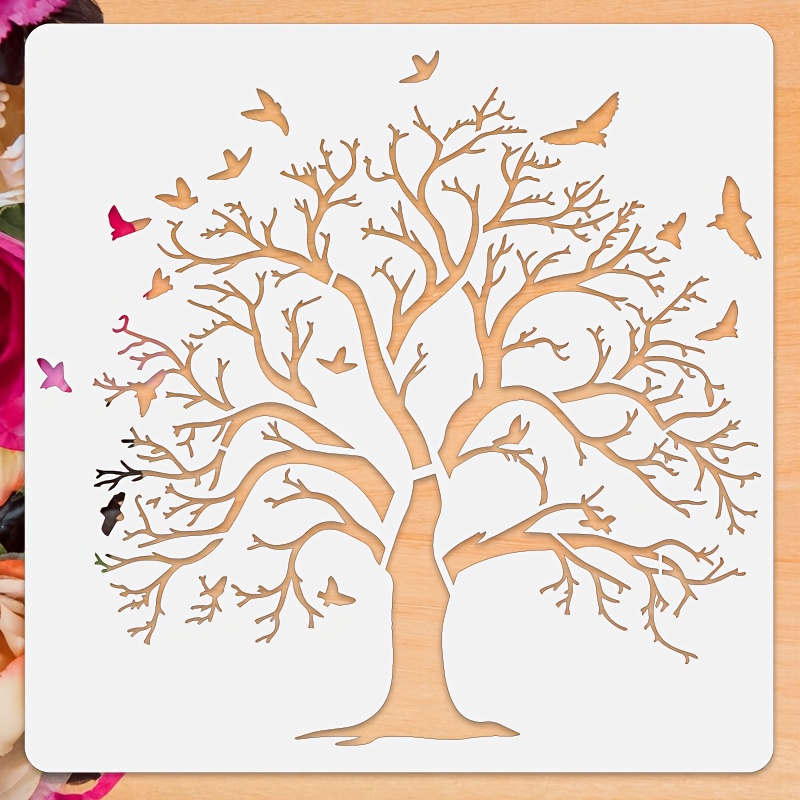 1pc Large Tree Painting Stencil - 11.81x11.81 Inches, Reusable. Suitable For Wood, Canvas, Paper, Fabric, Floors, Books, Frames, Walls, Furniture, And Glass