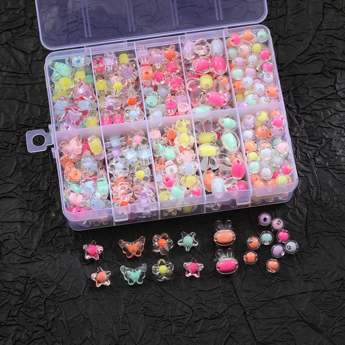 TEMU About 400pcs Colorful Transparent Mixed Butterfly Flower Star Rabbit Round Beads For Diy Bracelet Necklace Mobile Phone Chain Keychain Making Accessories