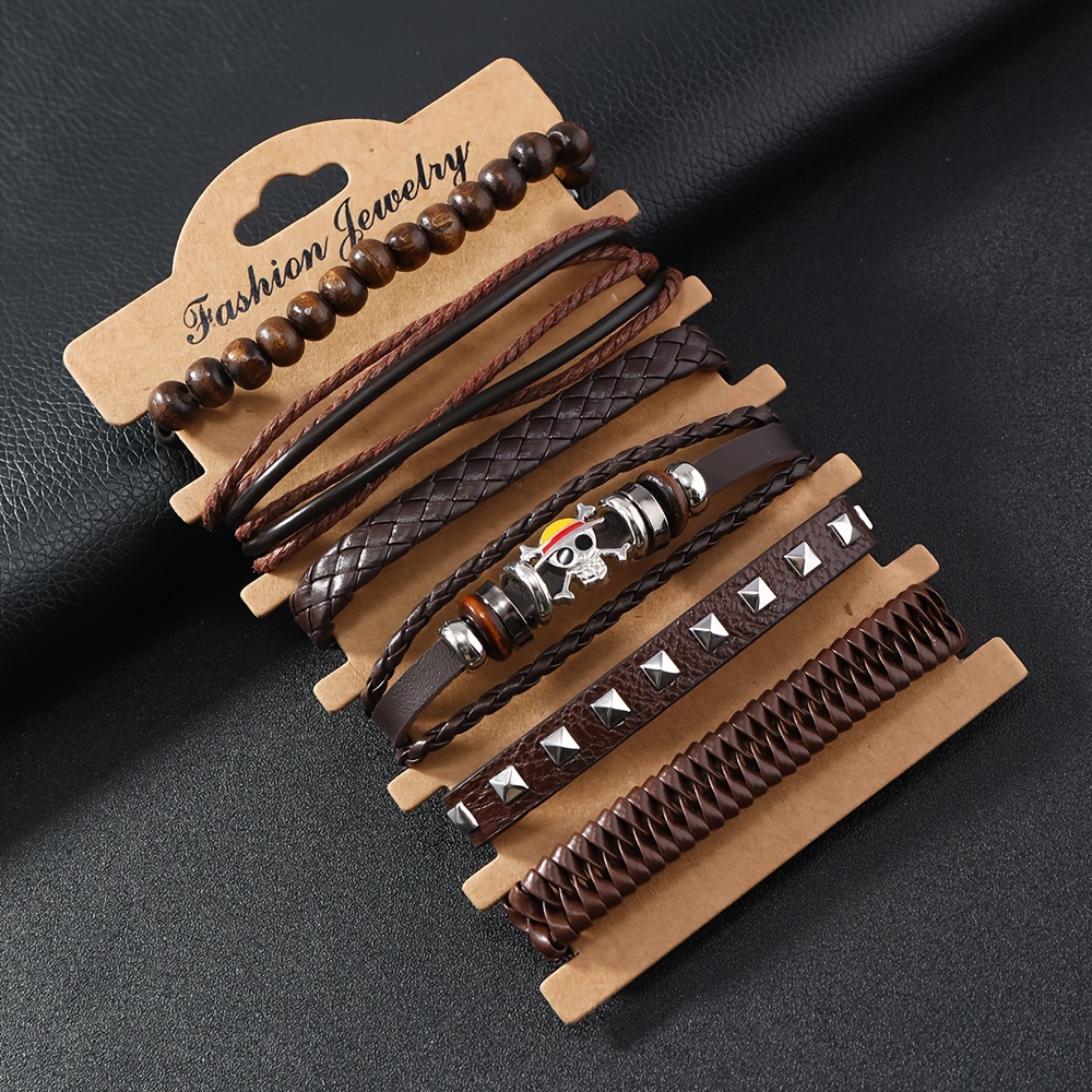 TEMU 6pcs Pu Rope Bracelet For Men, Retro Woven Style Beaded Skull Accessories