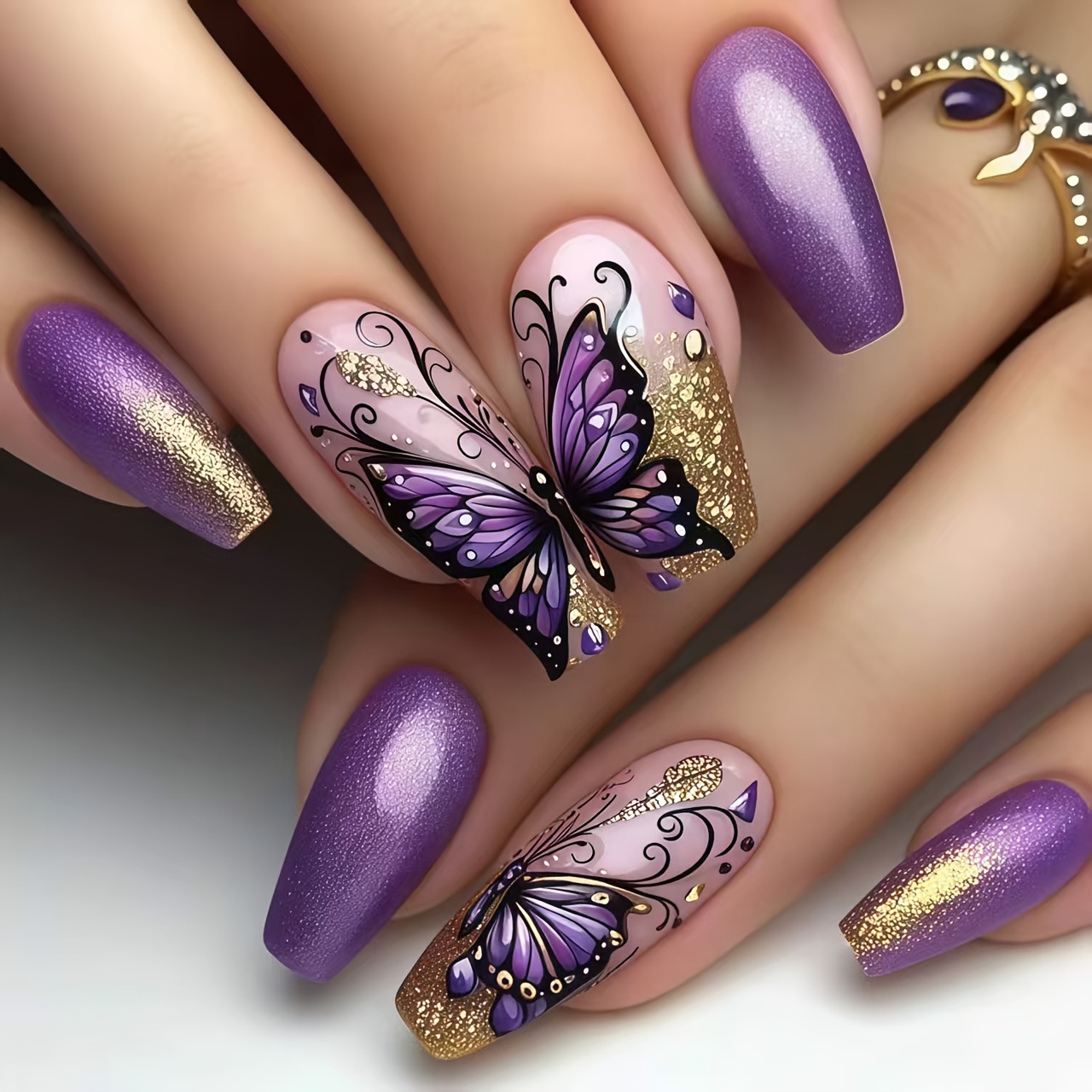 TEMU 24pcs Nail Art Set, Light Luxury Purple Wearable Nails, Golden Glitter Gradient False Nail Patches, Glossy Removable Nail Sheets, Daily Wear,