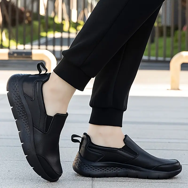 mens slip on sneakers casual sport loafers with solid color non slip comfort shock absorption waterproof oil resistant round toe pu upper fall lightweight athletic shoes without details 2