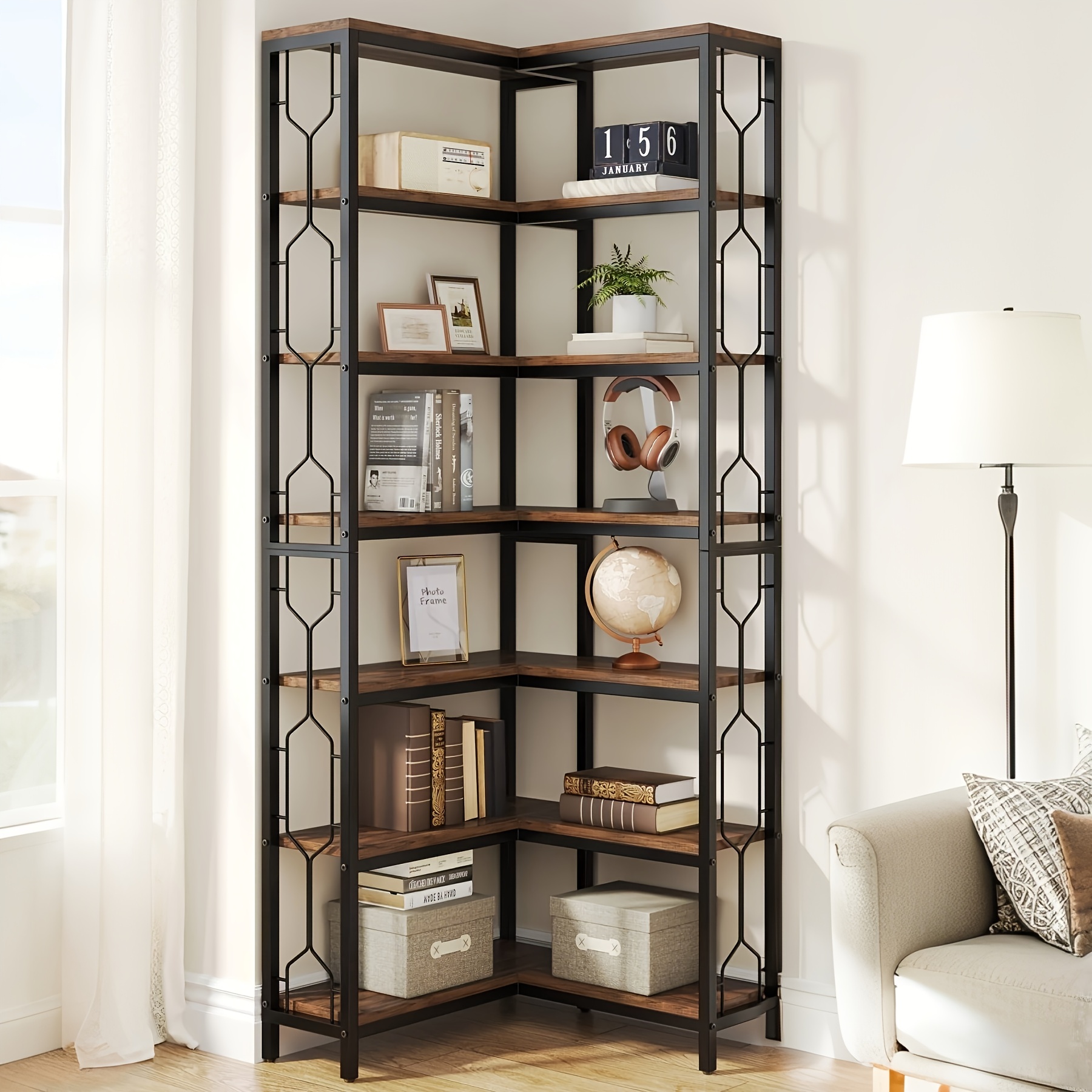 7-Tier Industrial Corner Bookshelf | Hexagonal Etagere Bookcase 8 7-Tier Industrial Corner Bookshelf Overview