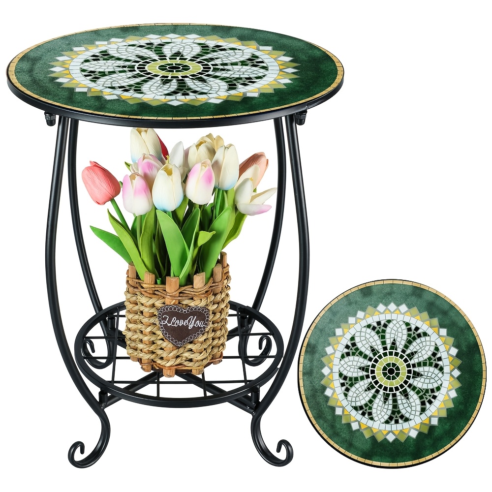 TEMU 1pc Small Round Metal Side Table 2-tier Iron Plant Stand Creative Abstract Geometric Vintage Print Design End Coffee Tea Table Rustproof For