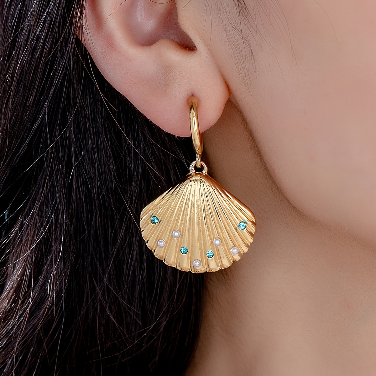 Women's Golden Shell Earrings with Blue Rhinestones, Summer Style