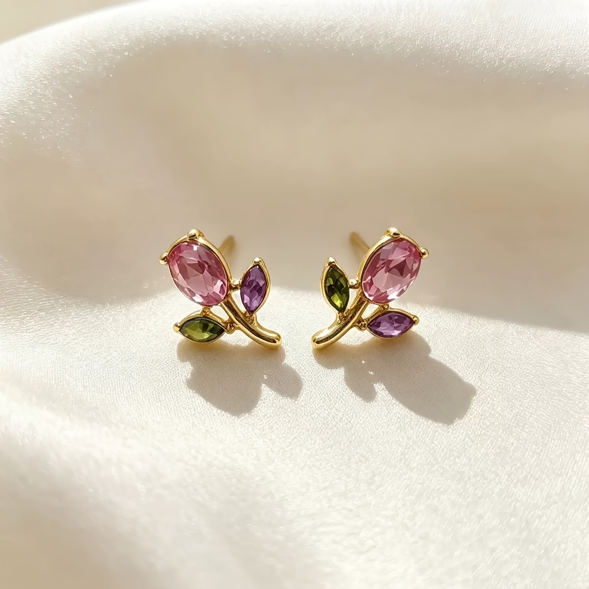 2pcs Colorful Tulip Stud Earrings, Versatile And Exquisite Gemstone Stud Earrings, Middle Eastern Spring/summer New Arrival, Daily Wear Stud Earrings For Women
