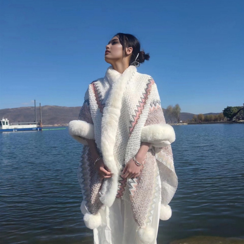 item picture new ethnic style shawl with fur collar for women cardigan for travel and photo shoots warm cape with fleece lining