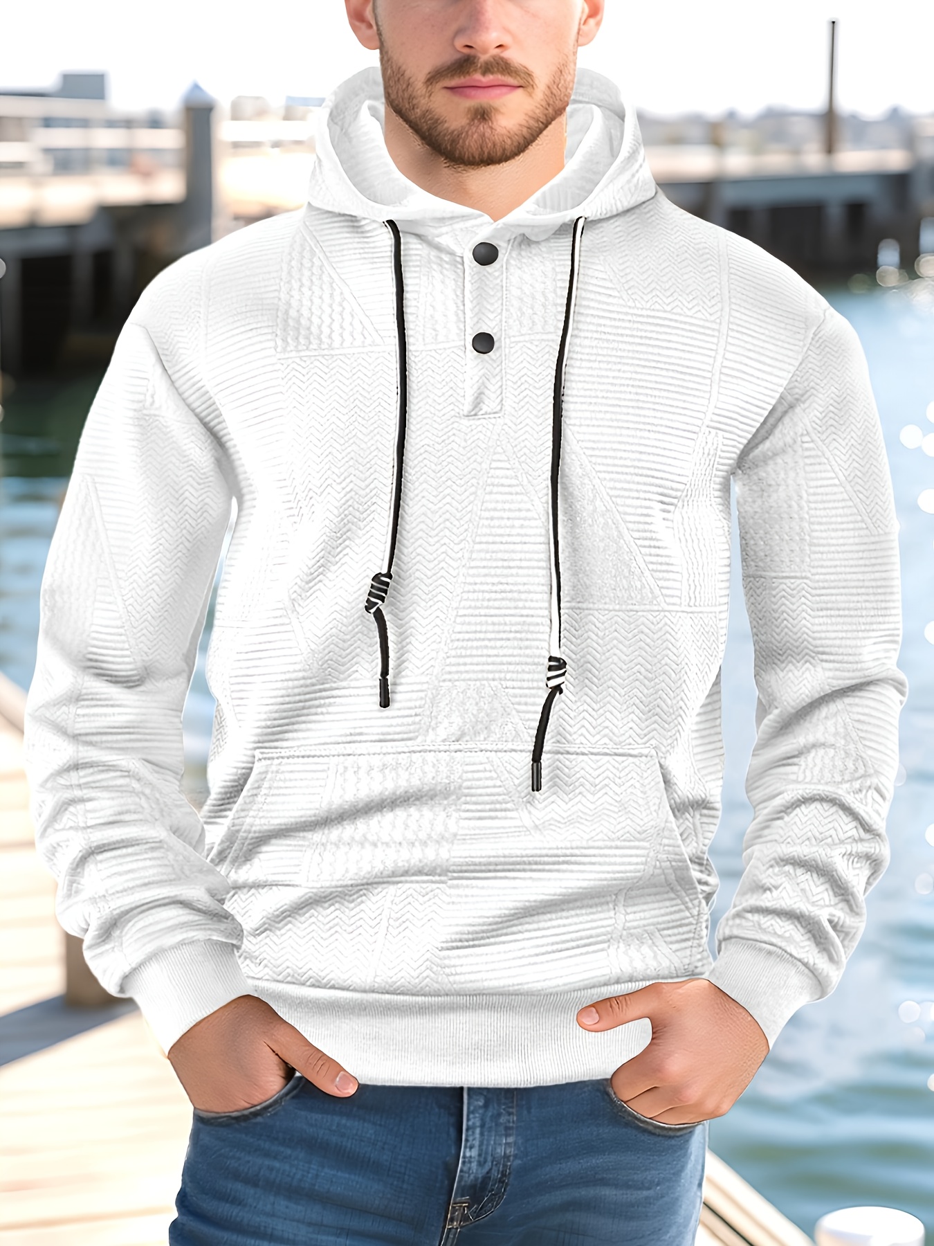 1pc Men S Stylish Casual Hoodie | High-End Light Beige-Friendly Soft Texture Jacquard Fabric | 95% Polyester 5% Spandex | Essential Golf Attire | Breathable & Warm |   Indoor   and Outdoor Sports | Trendy Wardrobe Essential for Autumn and Winter