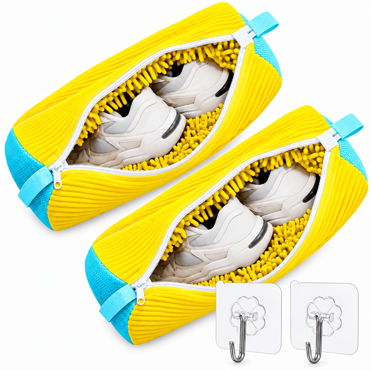 TEMU 4pcs Shoe Washing Set (2pcs Shoe Wash Bags And 2pcs Hanging Hooks) - Features Soft Chenille Microfiber Pile; Machine Washable And Dryer-safe;