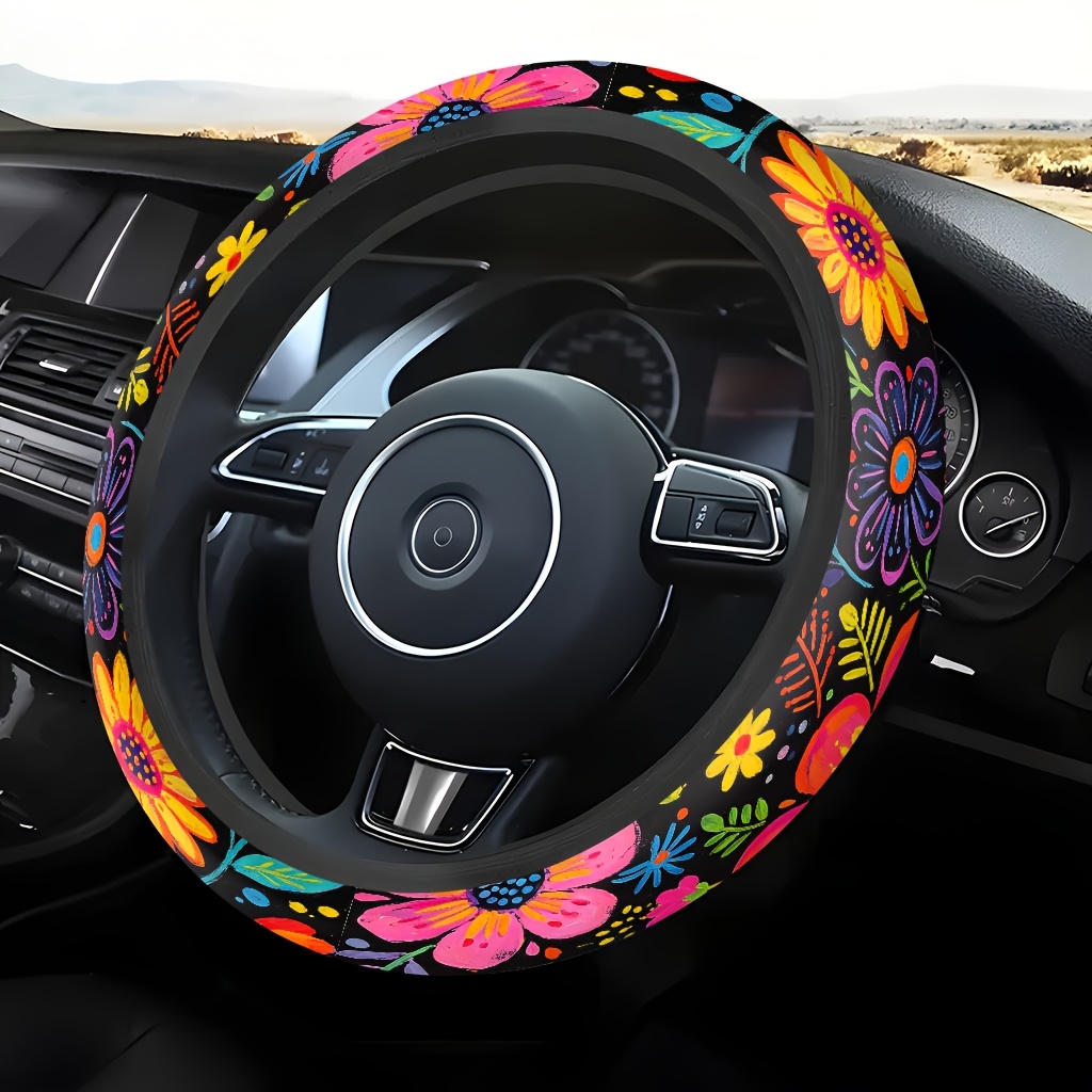 TEMU 1pc Steering Wheel Cover Compatible For All Car, Soft Breathable Steering Wheel Cover Suitable For , Non-slip Grip & Colorful Floral, Reduces
