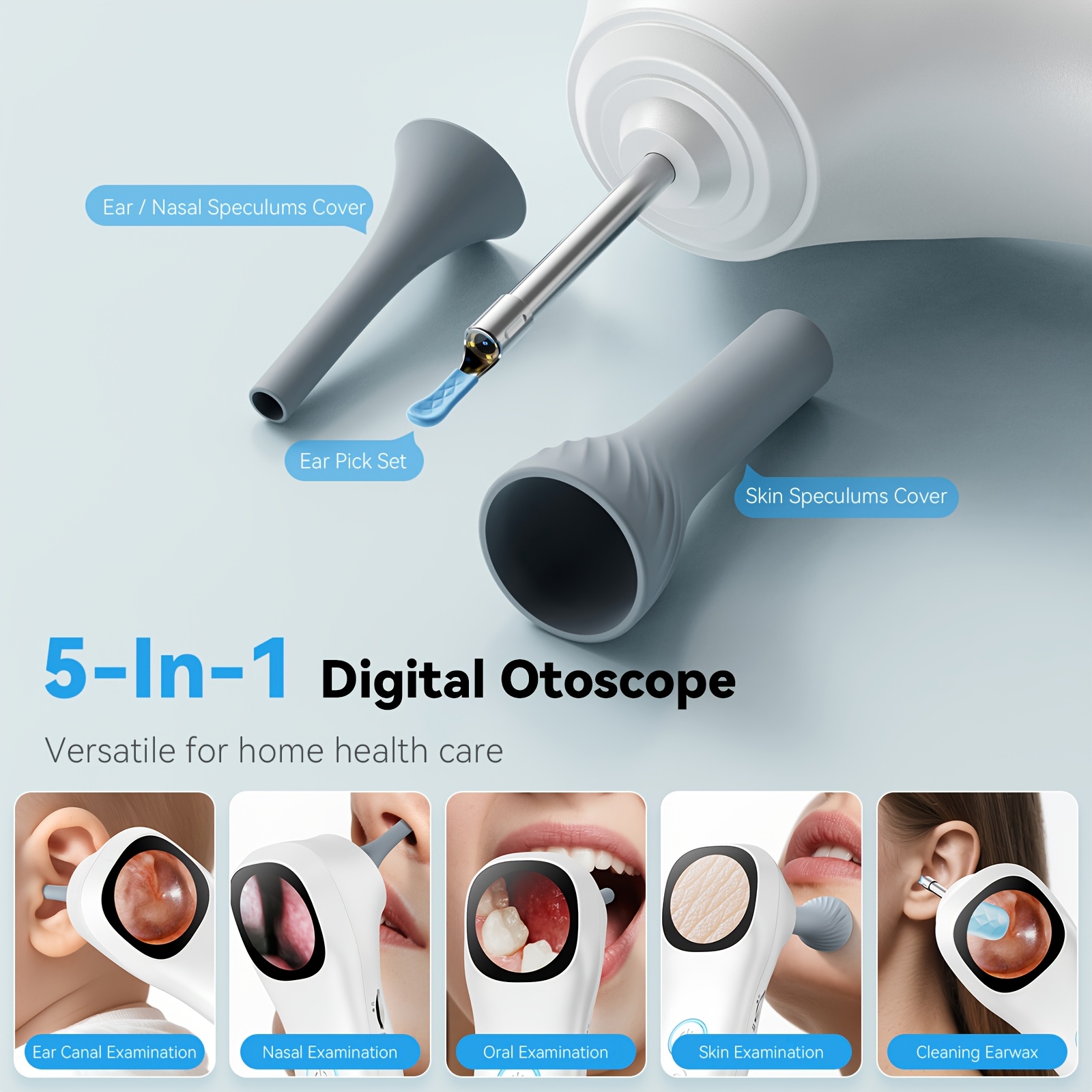 5-in-1 Ear Canal Detector with Screen & In-Ear Camera - 3-in-1 Ear, Nose, Throat/Skin Detector with 18 Interchangeable Protective Covers, Usb Rechargeable For Adults & Pets, Pet Ear Care, Ergonomic Design