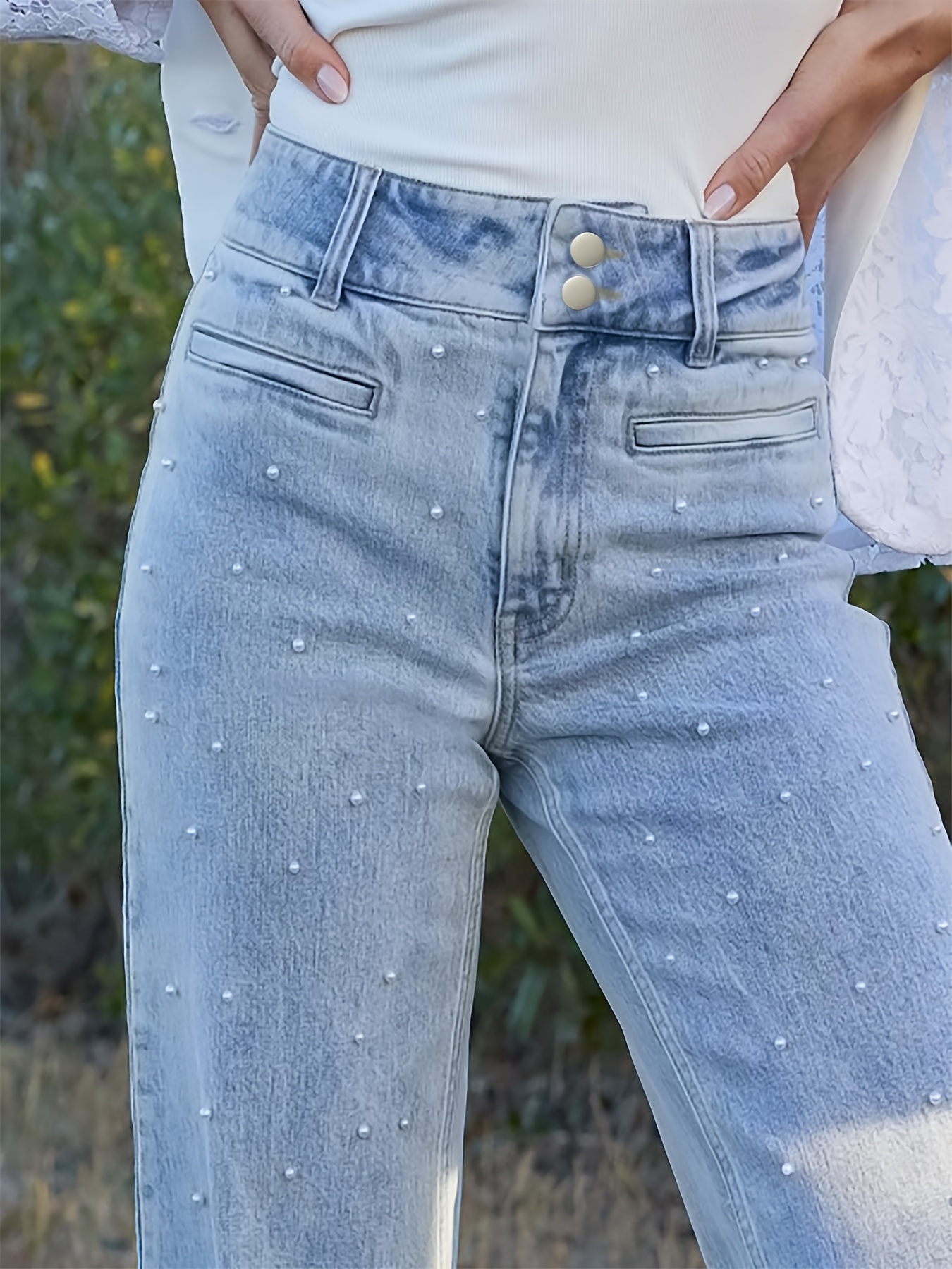 jeans a larga eleganti perle donne pantaloni in denim Temu Italy