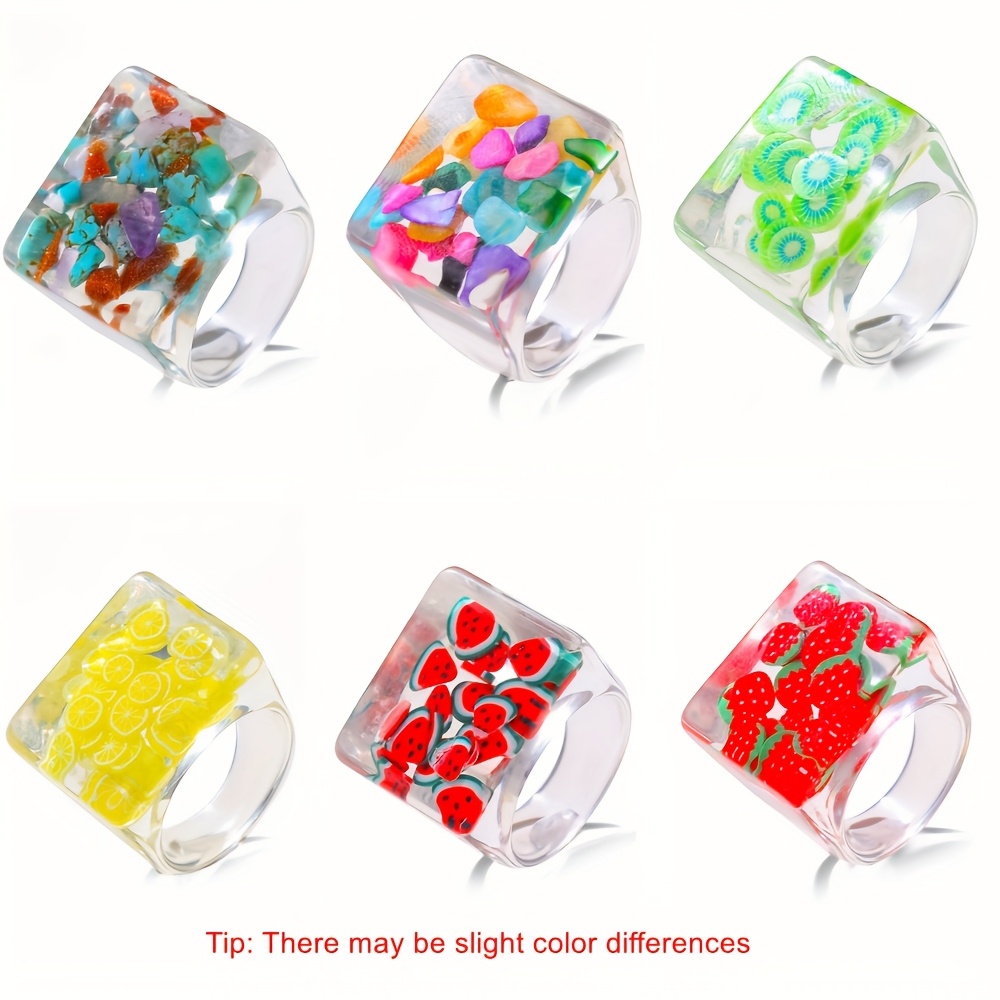 TEMU A Set Of 6 Cute Colorful Fruit-patterned Rings For Men And Women, Perfect For Spring And Summer Vacations