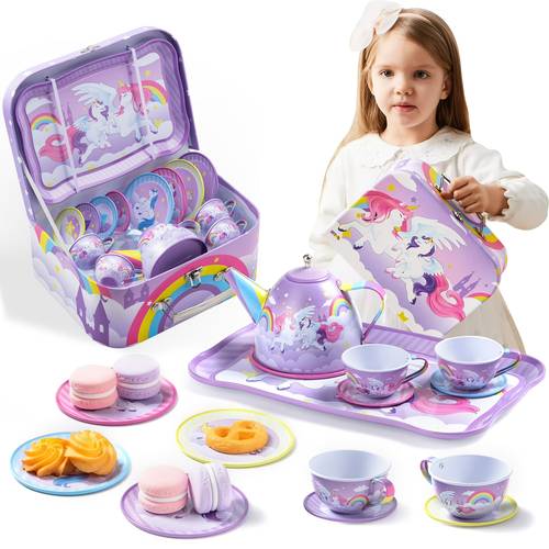 unicorn party set for little girls purple tin teapot cups plates pretend play kitchen toys for easter birthday gift for kids girls multi item party favor packs for children