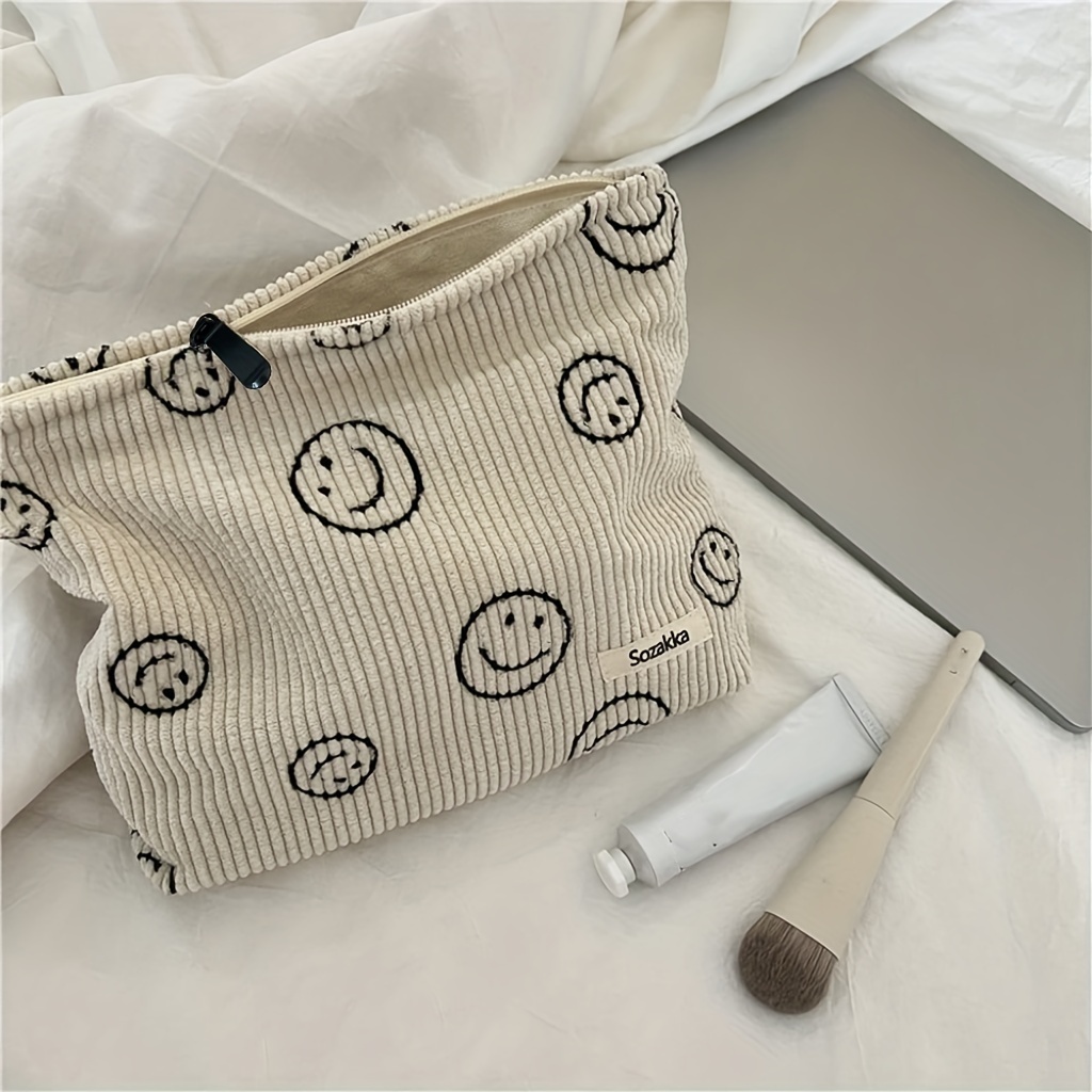 Image of Vintage Corduroy Cosmetic Bag - Aesthetic Women's Makeup Organizer And Travel Bag For Cosmetics - Smile Zipper Storage Pouch For Makeup, Pencils, And Travel Essentials