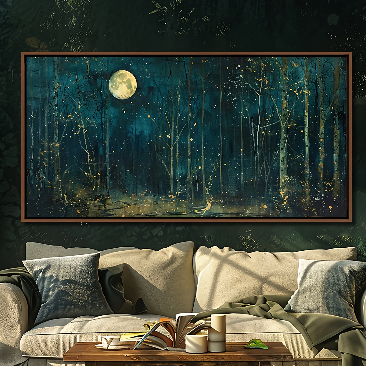 TEMU Plat 2D, 1 pièce Affiche cadre Scène de nuit abstraite Forêt , Peinture sur toile Paysage rétro , Art mural original, Cadeau d'anniversaire,